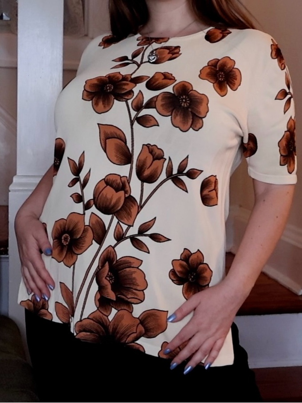 Floral Short-Sleeve Knit Top - Cream with Brown Flower Print